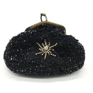 Christian Livingston Collection Black Sequin Clear Rhinestone Flower Evening Bag
